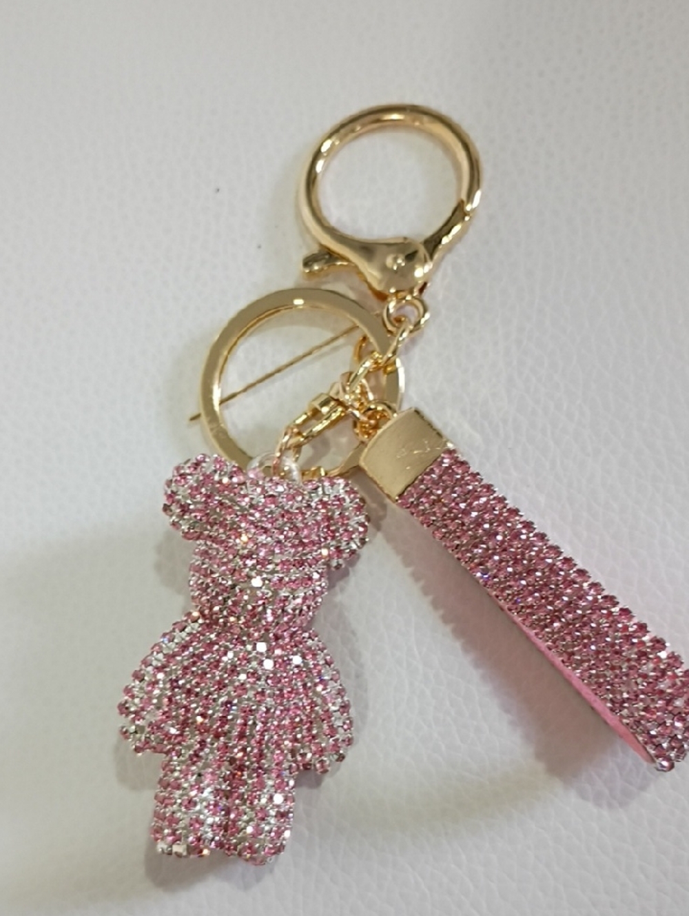 Gold-Tone Pink Crystal Bear Bag Charm/Keychain Charm